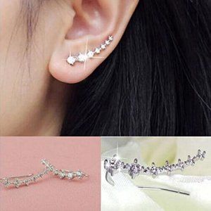 Silver Plated White Crystal Crawl Ear Curved Bar H